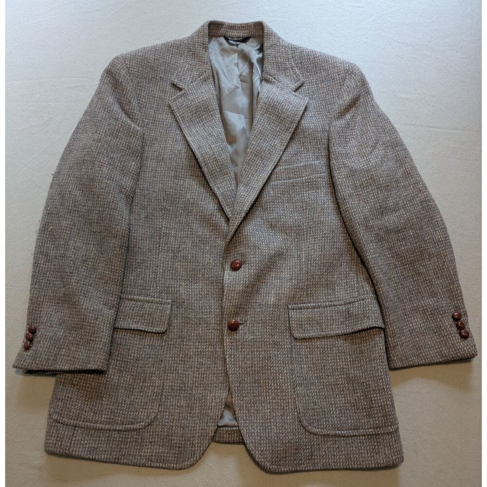 Vintage Harris Tweed Mens 42R Wallachs Brown Tweed Handwoven Wool Blazer Jacket